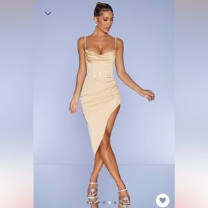 Oh Polly Embellished Asymmetric Midi Dress in Sand